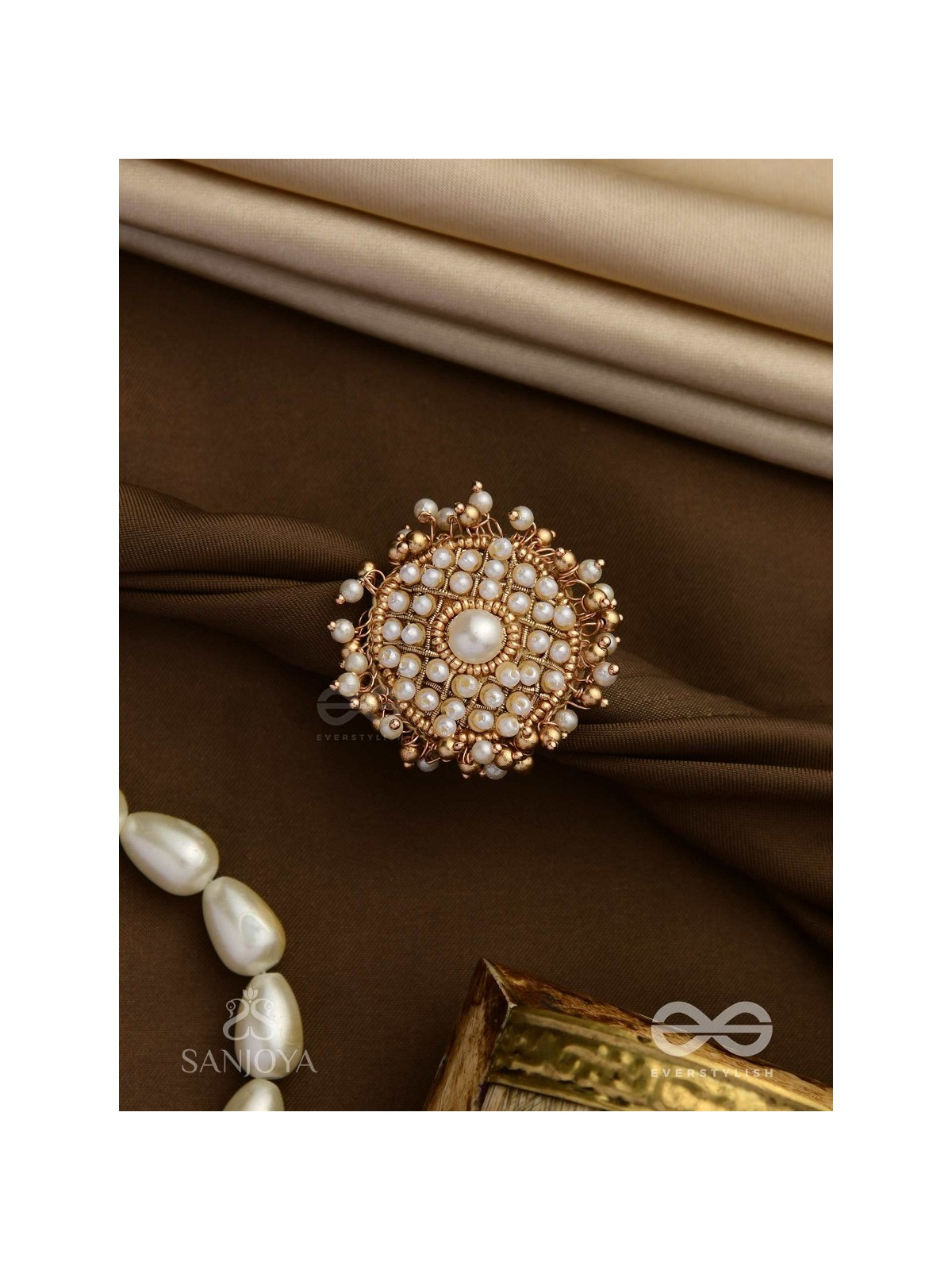 Atimukta- The Pearly Proposal- Pearl And Beads Hand Embroidered Golden Ring (Adjustable)