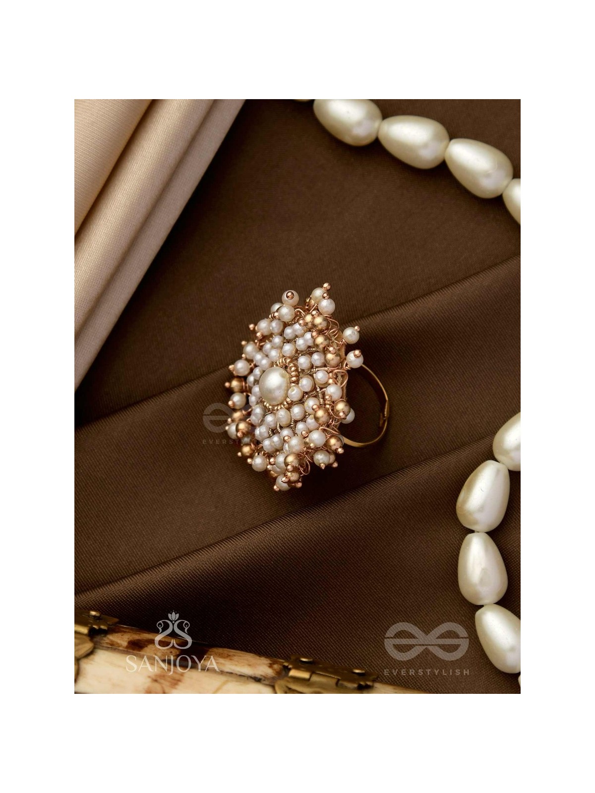 Atimukta- The Pearly Proposal- Pearl And Beads Hand Embroidered Golden Ring (Adjustable)