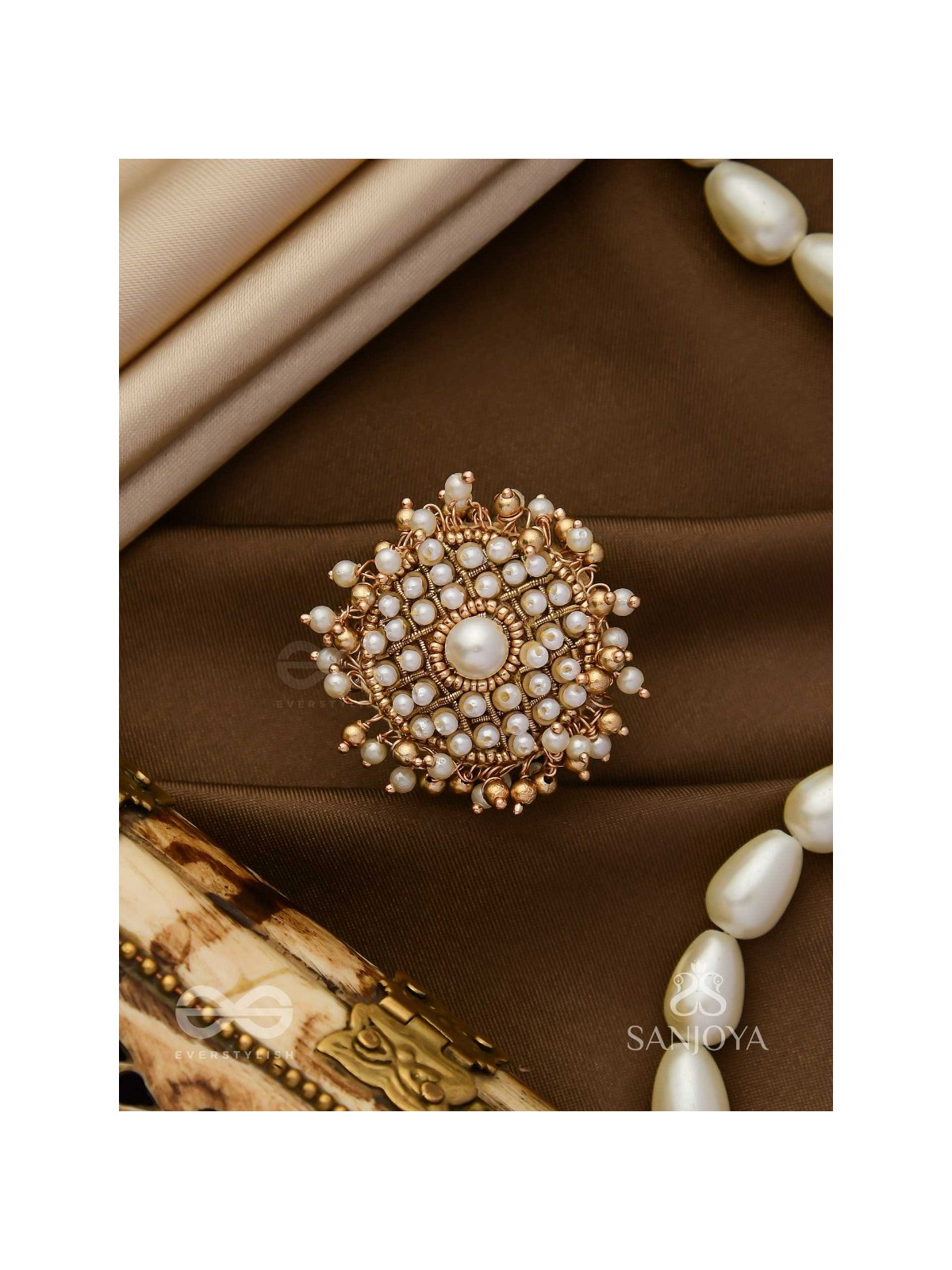 Atimukta- The Pearly Proposal- Pearl And Beads Hand Embroidered Golden Ring (Adjustable)