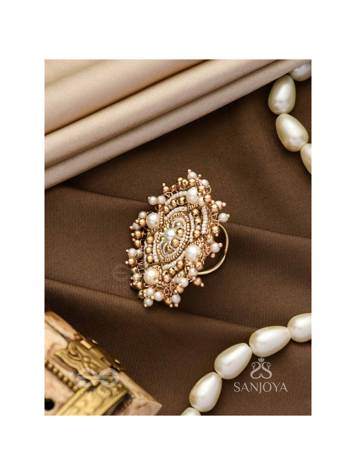Atisrishti- The Dreamy Creation- Pearls And Beads Hand Embroidered Golden Ring (Adjustable)