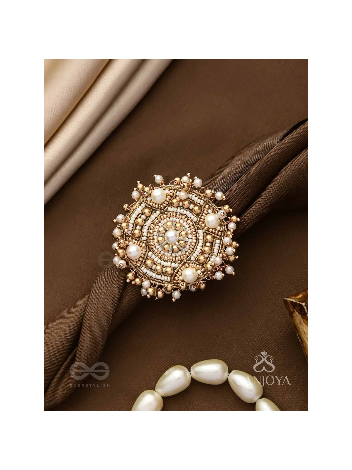 Atisrishti- The Dreamy Creation- Pearls And Beads Hand Embroidered Golden Ring (Adjustable)