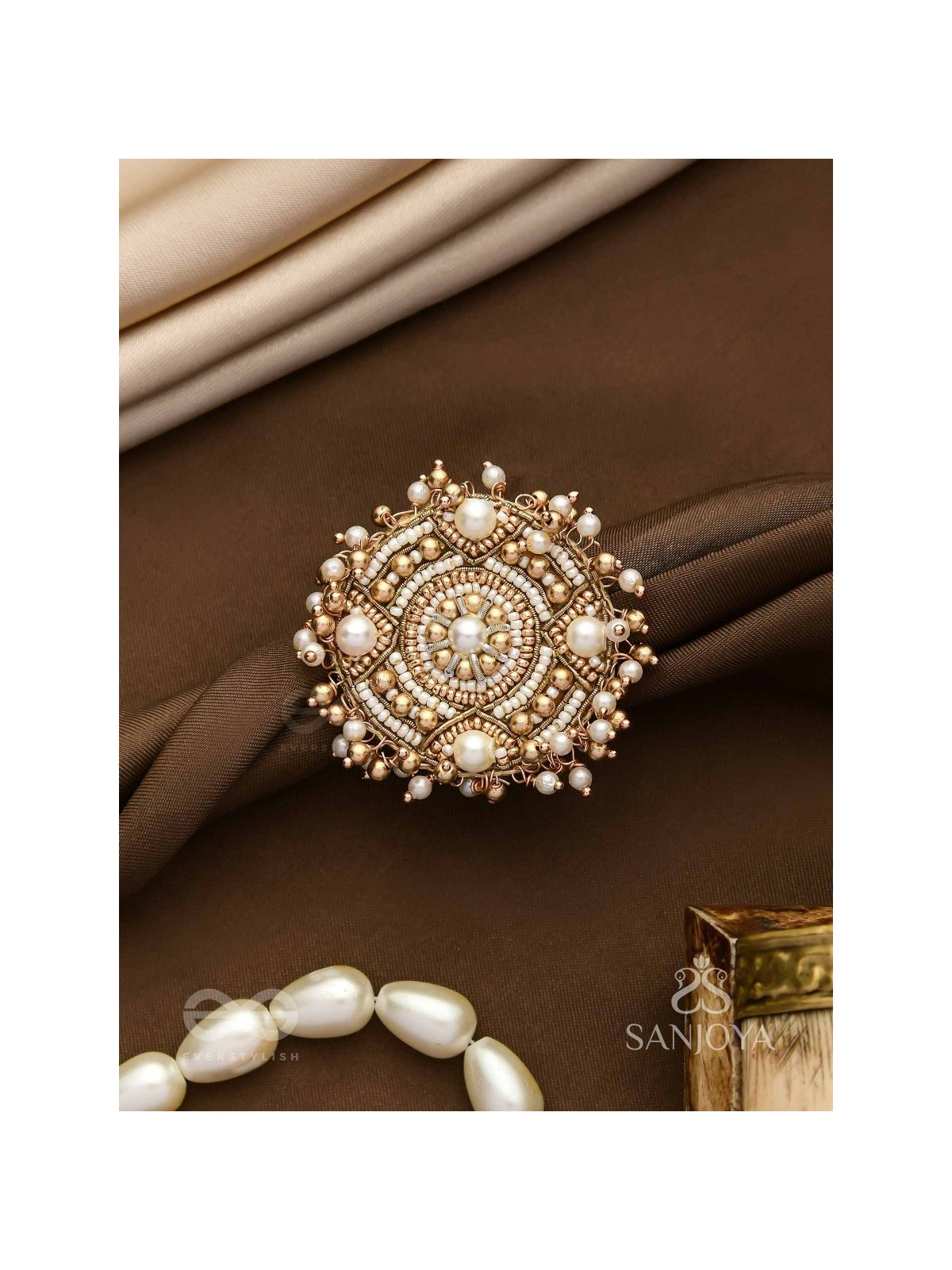 Atisrishti- The Dreamy Creation- Pearls And Beads Hand Embroidered Golden Ring (Adjustable)