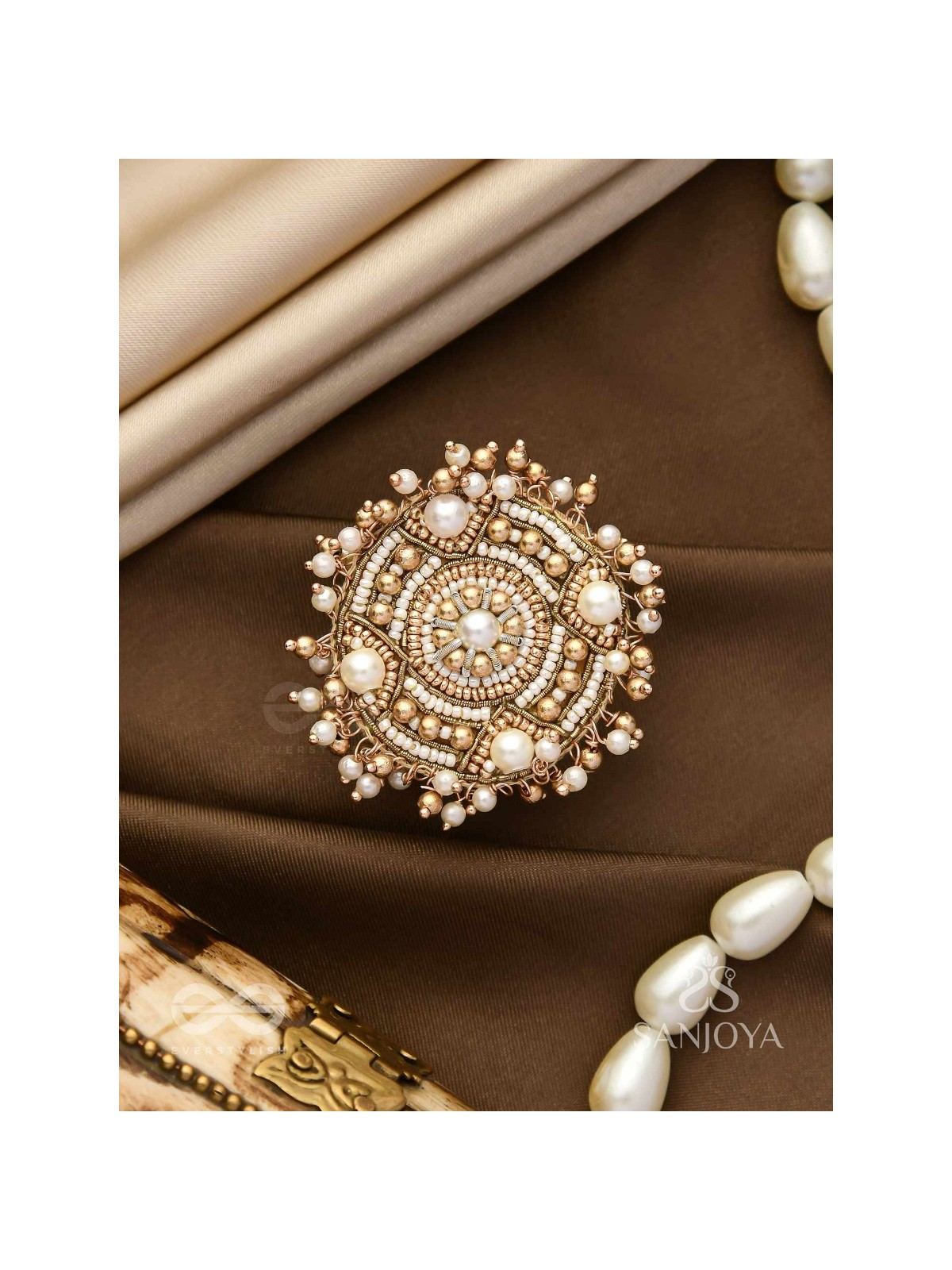 Atisrishti- The Dreamy Creation- Pearls And Beads Hand Embroidered Golden Ring (Adjustable)