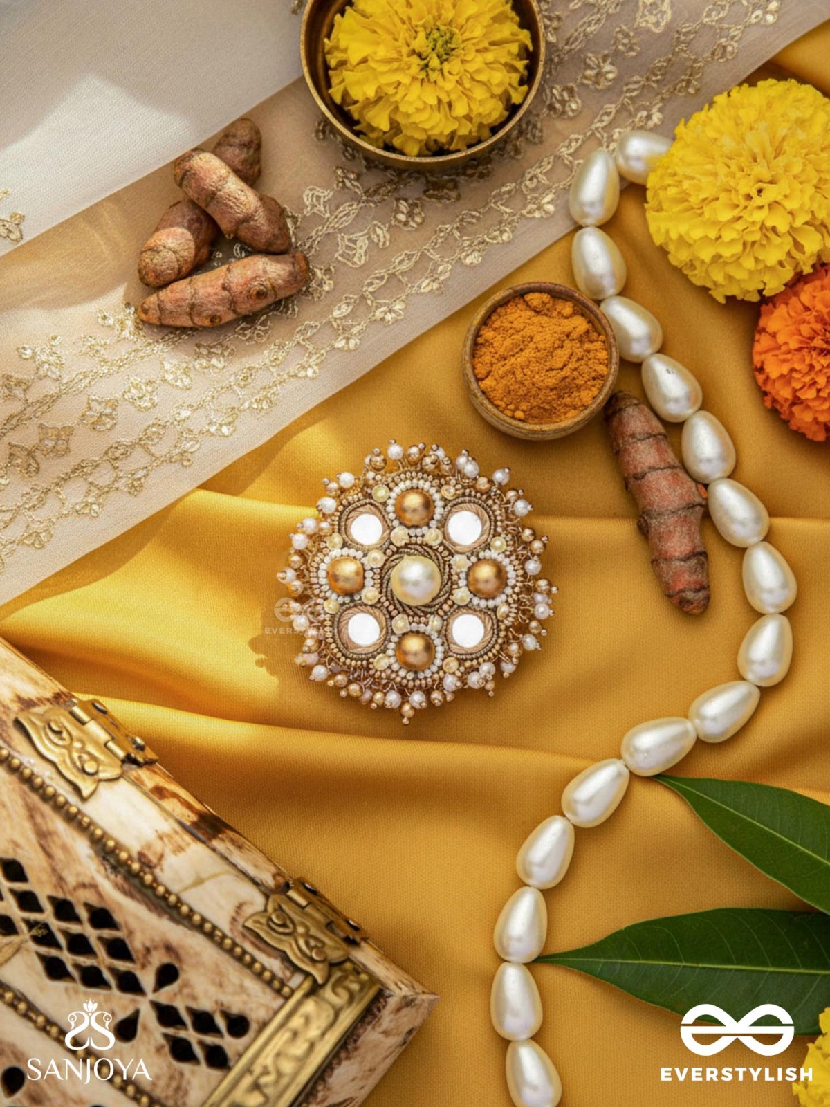 Darpanmaye- The Ornate Mirrors- Mirror, Resham And Beads Hand Embroidered Golden Ring (Adjustable)