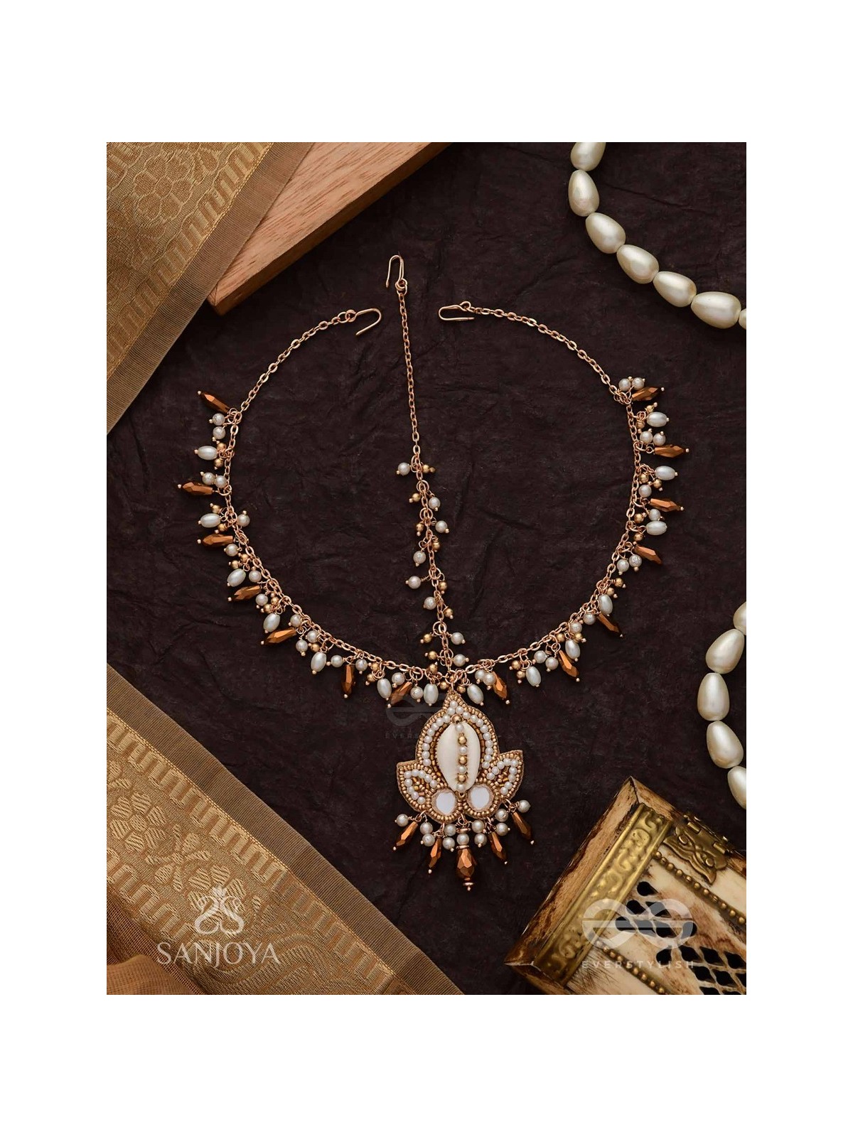 Roopdheya - The Budding Beauty - Shell, Mirrors, Beads And Glass Drops Hand Embroidered Maangtika