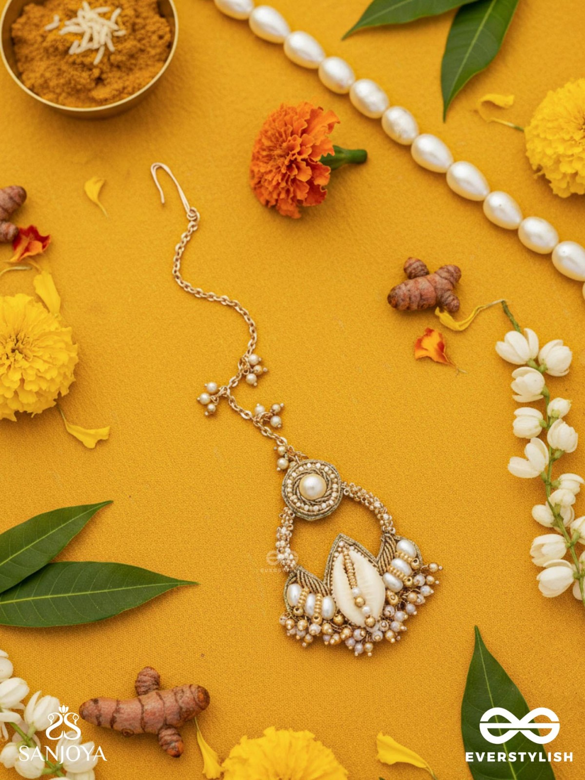 Nairjar - The Divine Blessing- Pearls, Shell And Beads Hand Embroidered Maangtika