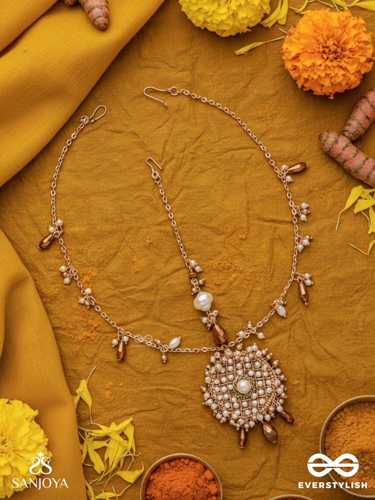 Vilsat- The Exquisite Mesh- Pearl, Beads And Glass Drops Hand Embroidered Maangtika