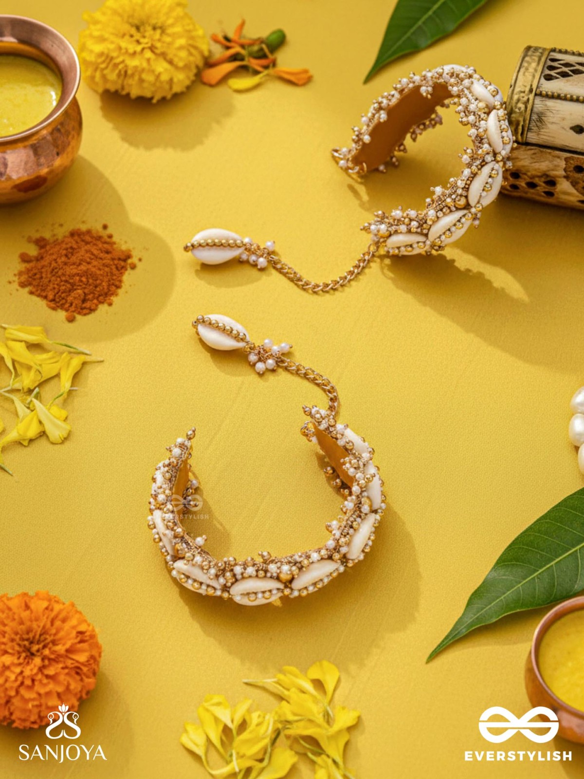 Arthogya  - The Marine Treasures - Shells And Beads Hand Embroidered Cuff Bracelets (Set Of 2)