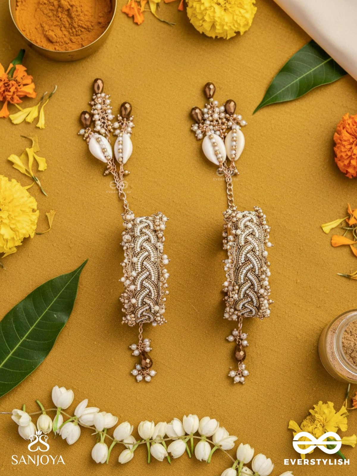 Kapardak - The Angel Braids - Beads, Shells And Glass Drops Hand Embroidered Cuff Bracelets (Set Of 2)