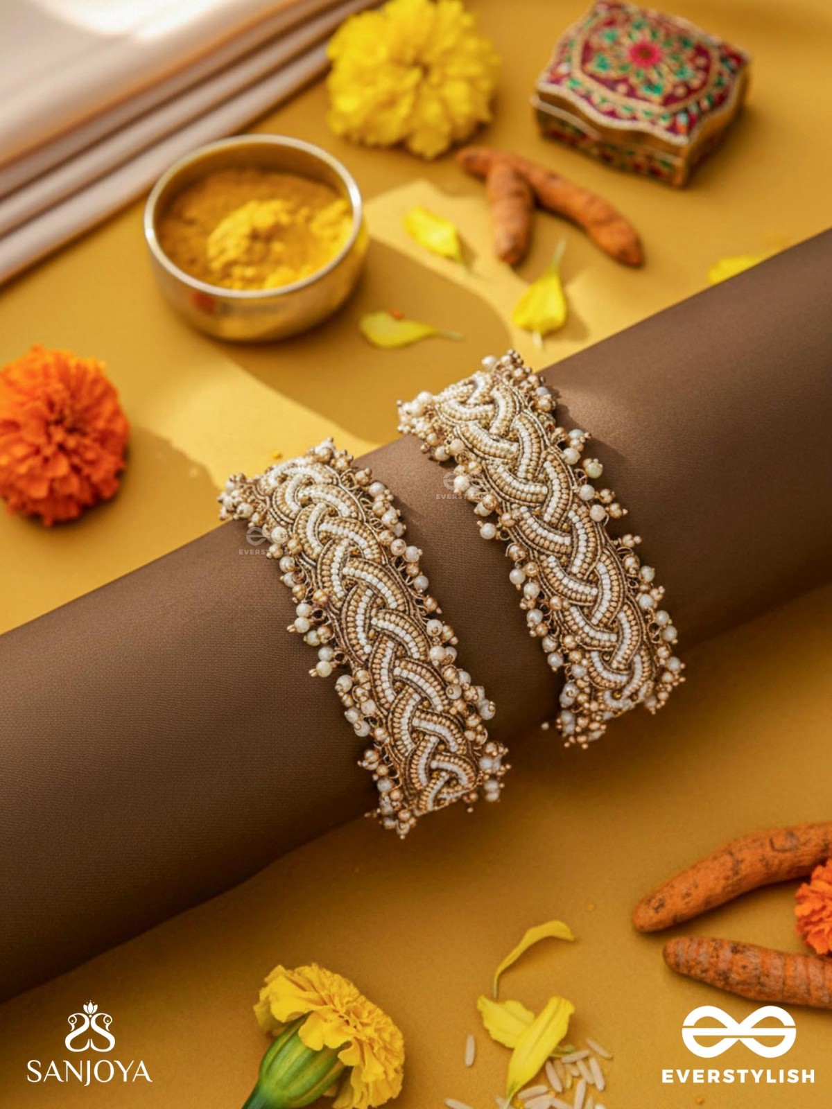 Kapardak - The Angel Braids - Beads, Shells And Glass Drops Hand Embroidered Cuff Bracelets (Set Of 2)