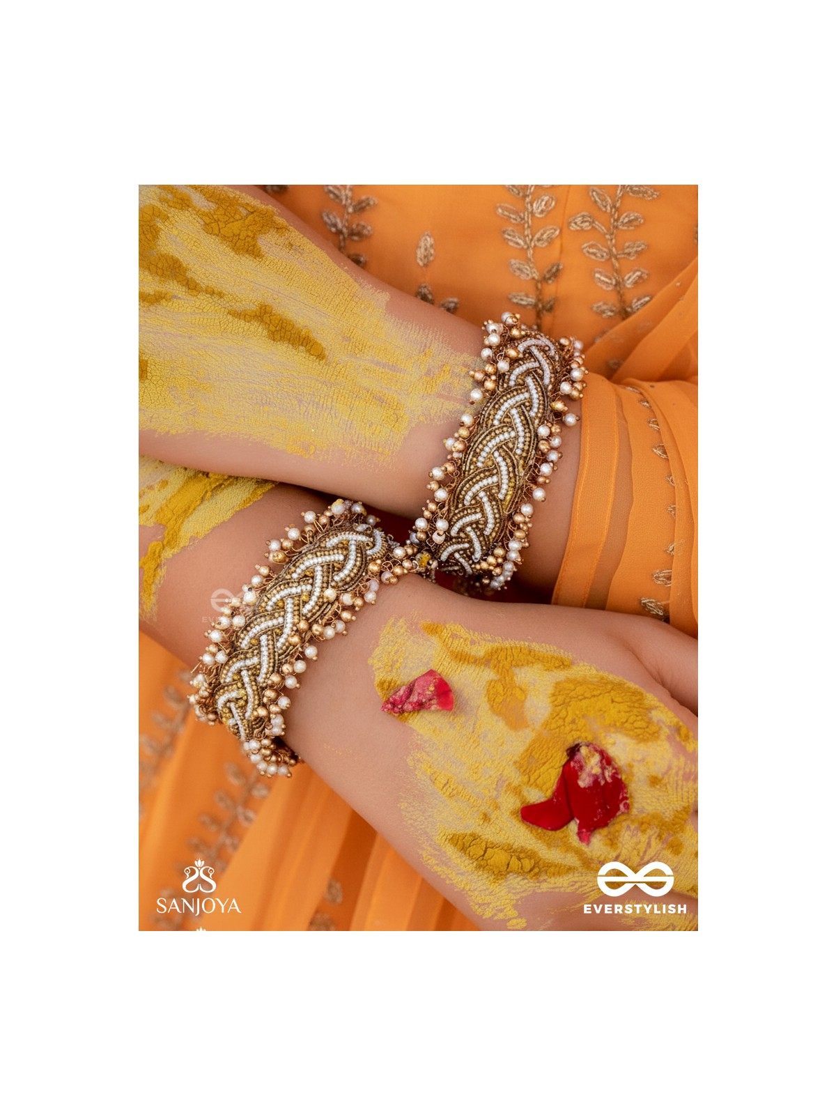 Kapardak - The Angel Braids - Beads, Shells And Glass Drops Hand Embroidered Cuff Bracelets (Set Of 2)