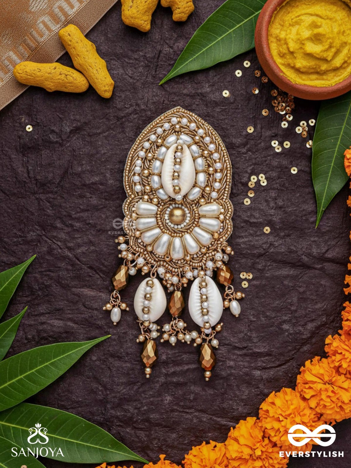 Attalika - The Lavish Castles - Shells, Beads And Glass Drops Hand Embroidered Hair Accessory 