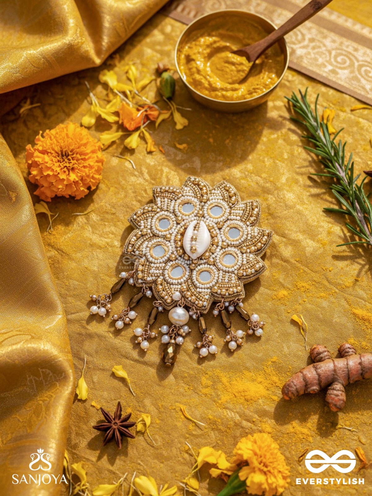 Prabhanjanam - The Stormy Reflectors - Shell, Mirrors And Glass Drops Hand Embroidered Hair Accessory