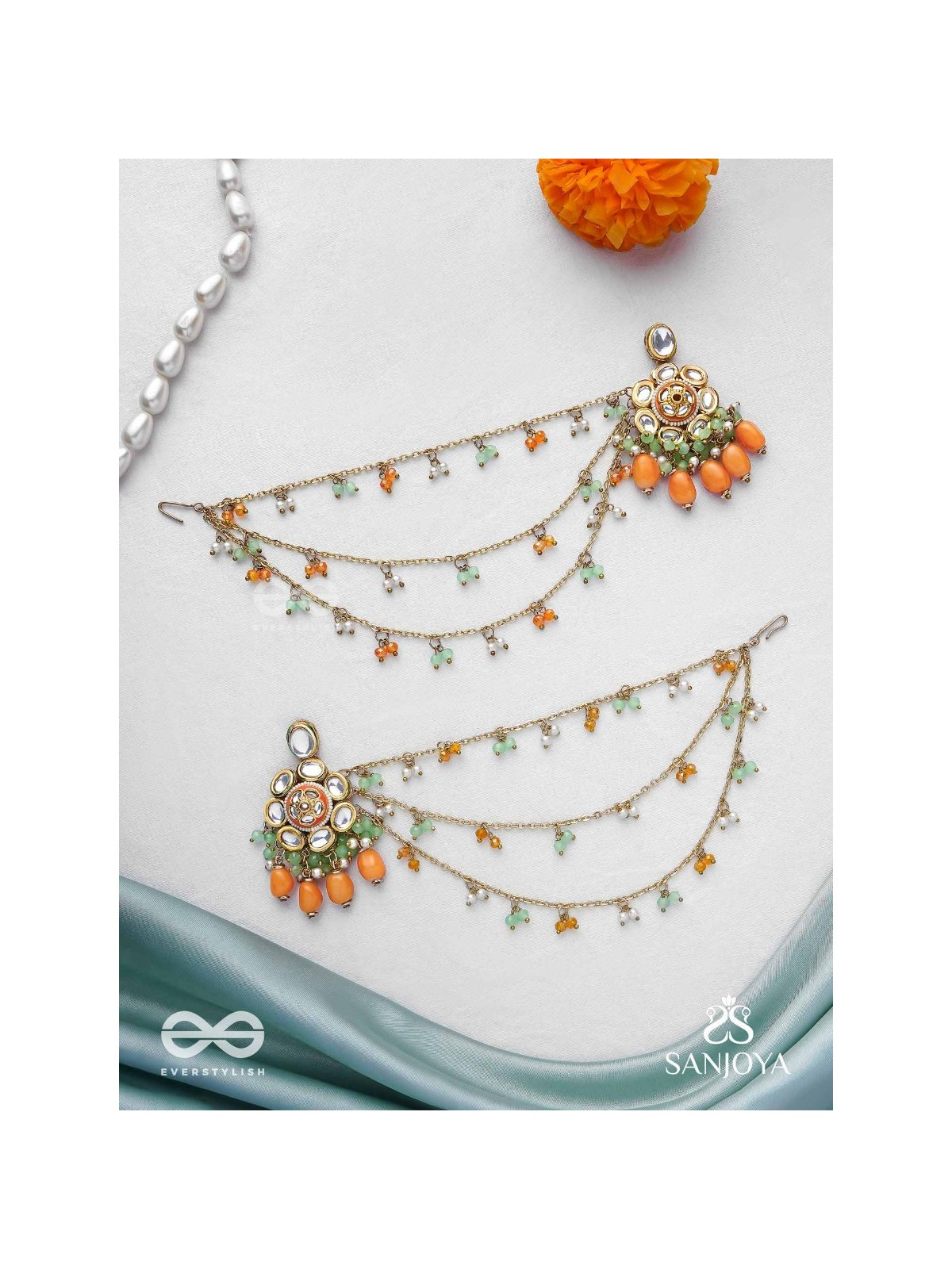 Prasumat - The Ornate Flowers - Polki And Kundan Finished Hand Embroidered Chain Earrings