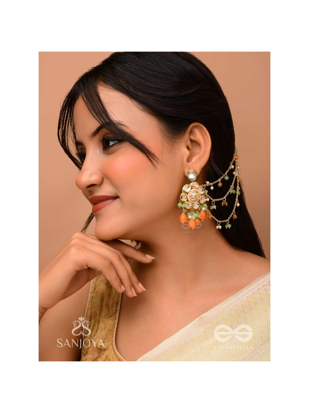 Prasumat - The Ornate Flowers - Polki And Kundan Finished Hand Embroidered Chain Earrings