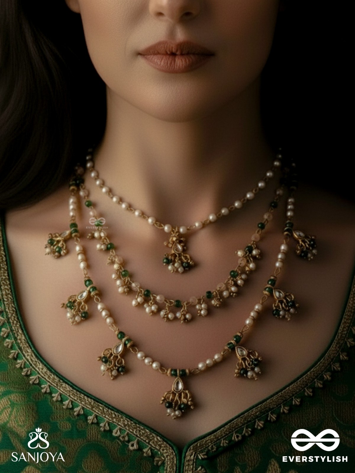 VARSHALEKHA - RAINFALL STROKES - ROYAL HERITAGE MULTI-STRAND KUNDAN NECKLACE WITH PEARL STRINGS AND POLKI DROPS