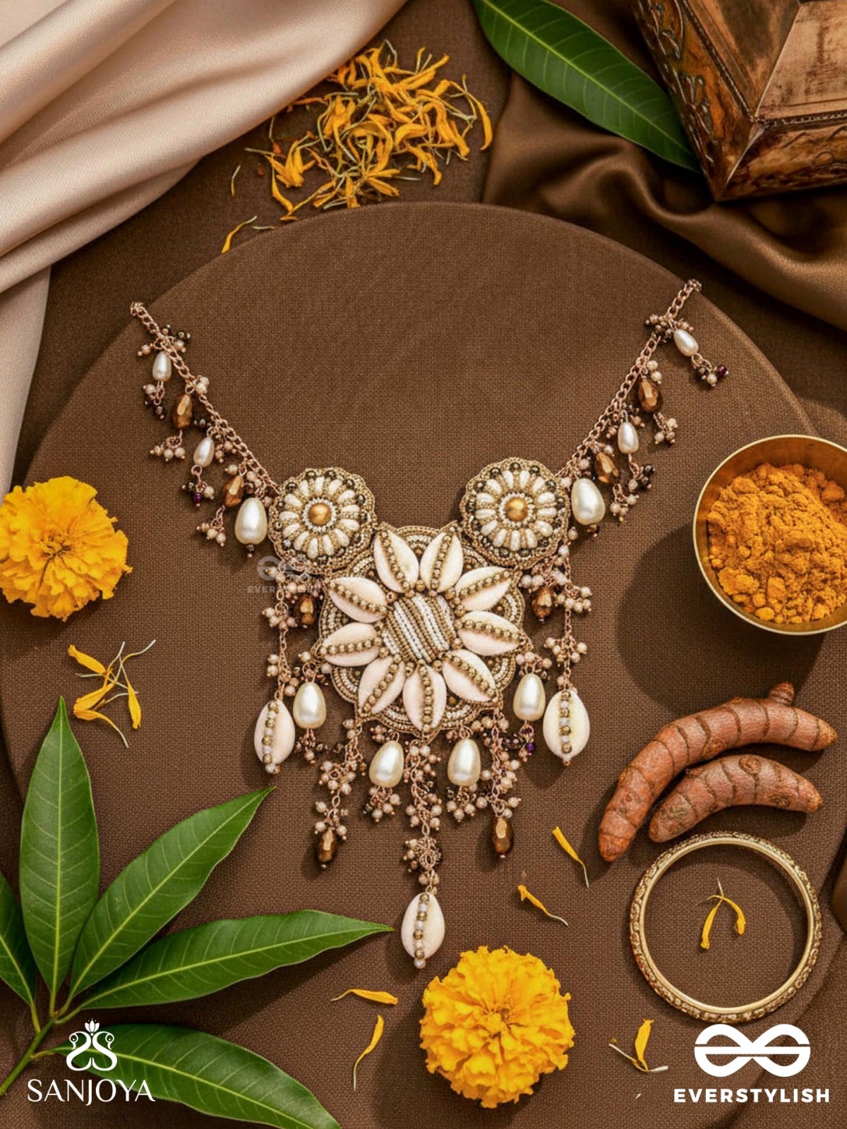 Anvadhya - The Splendid Divinity - Shells, Beads, Pearl And Glass Drops Hand Embroidered Neckpiece