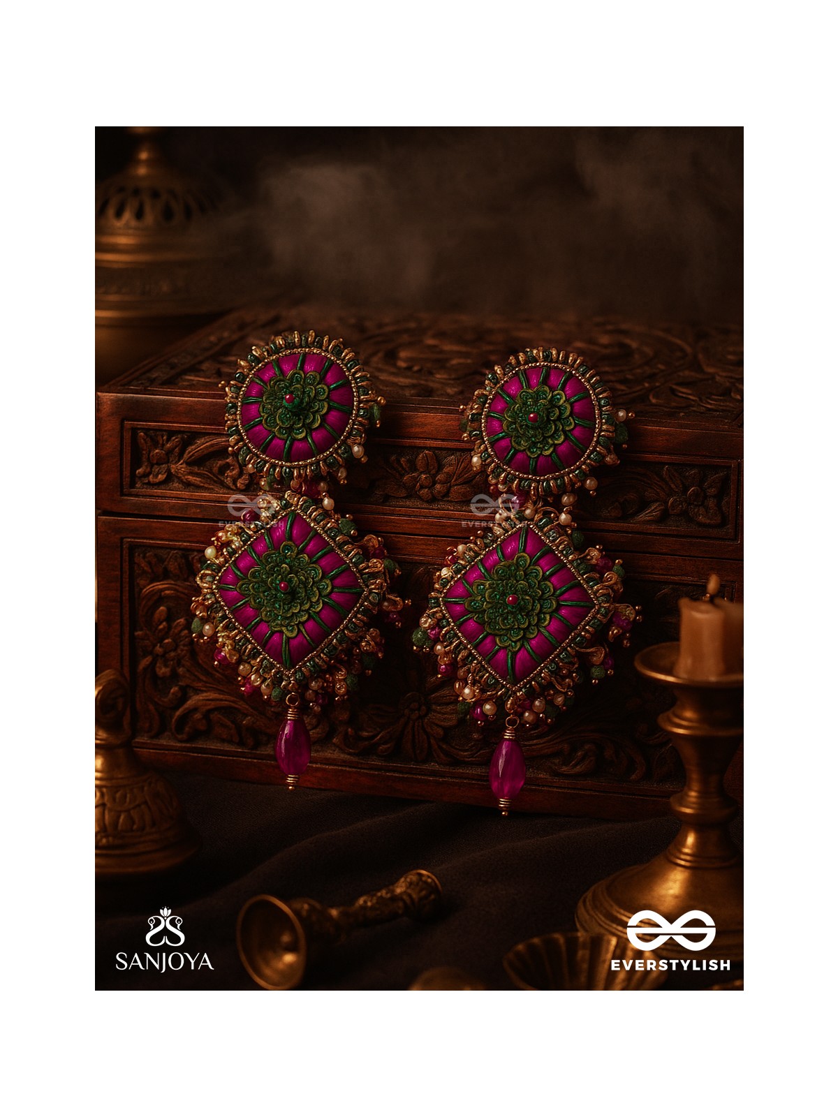 Stavak - The Dahlia Bouquet - Resham, Beads And Glass Drops Hand Embroidered Earrings
