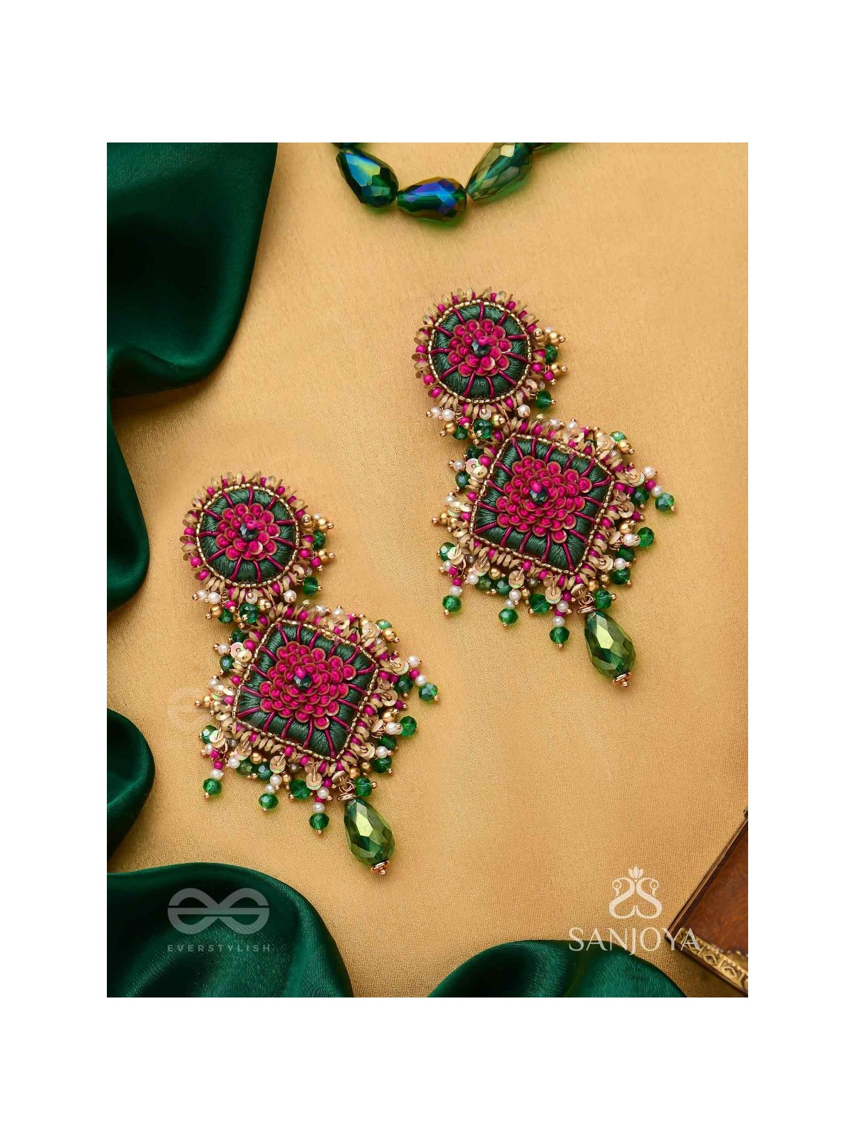 Ardramanjari - The Peony Cluster - Resham, Beads And Glass Drops Hand Embroidered Earrings