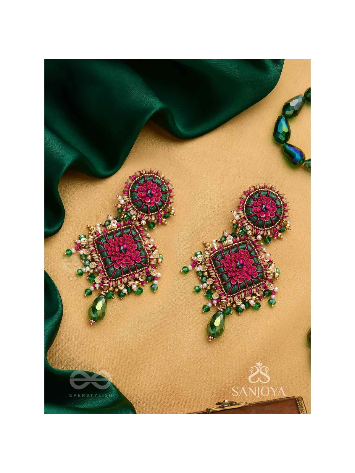Ardramanjari - The Peony Cluster - Resham, Beads And Glass Drops Hand Embroidered Earrings