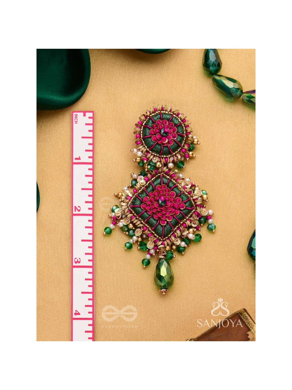Ardramanjari - The Peony Cluster - Resham, Beads And Glass Drops Hand Embroidered Earrings