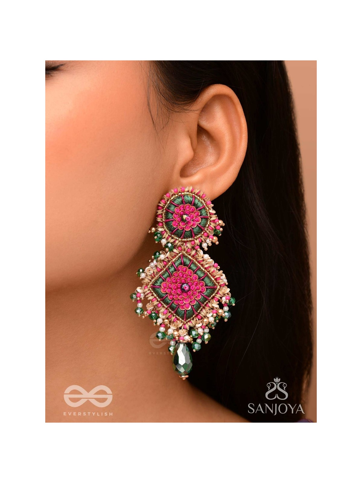 Ardramanjari - The Peony Cluster - Resham, Beads And Glass Drops Hand Embroidered Earrings