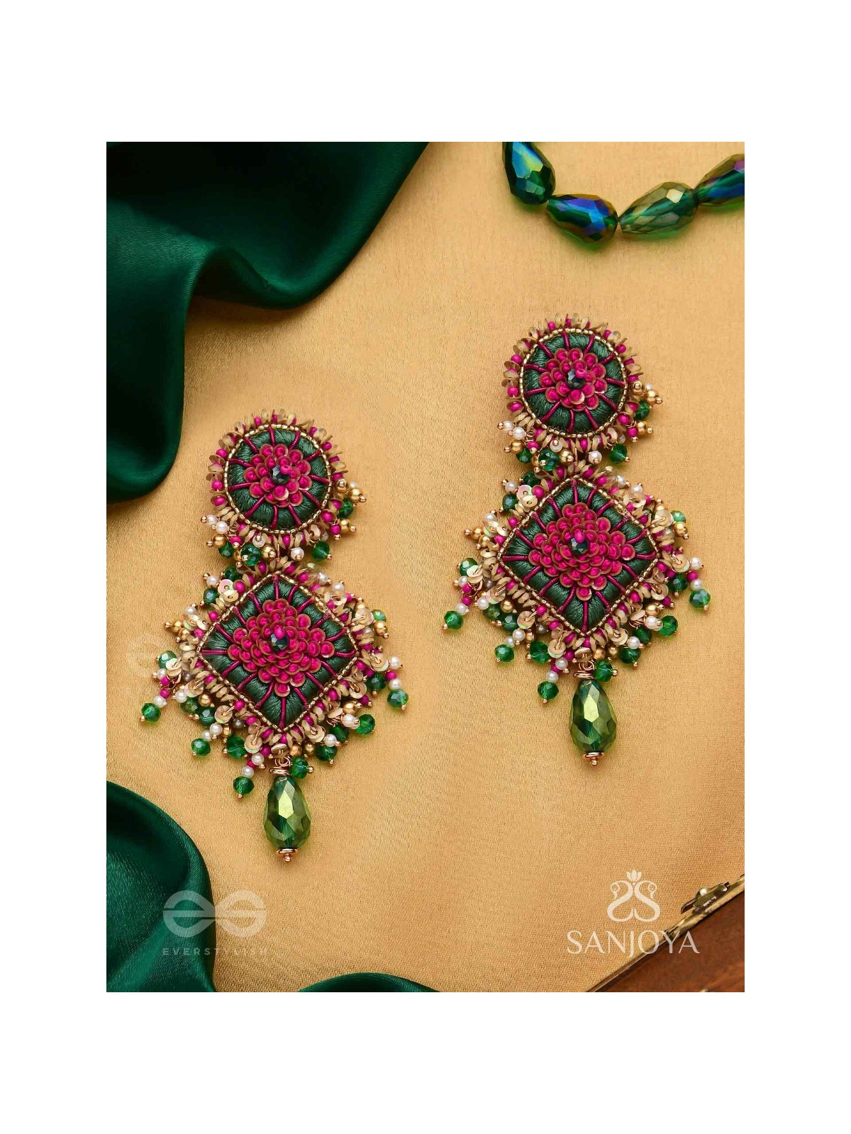 Ardramanjari - The Peony Cluster - Resham, Beads And Glass Drops Hand Embroidered Earrings