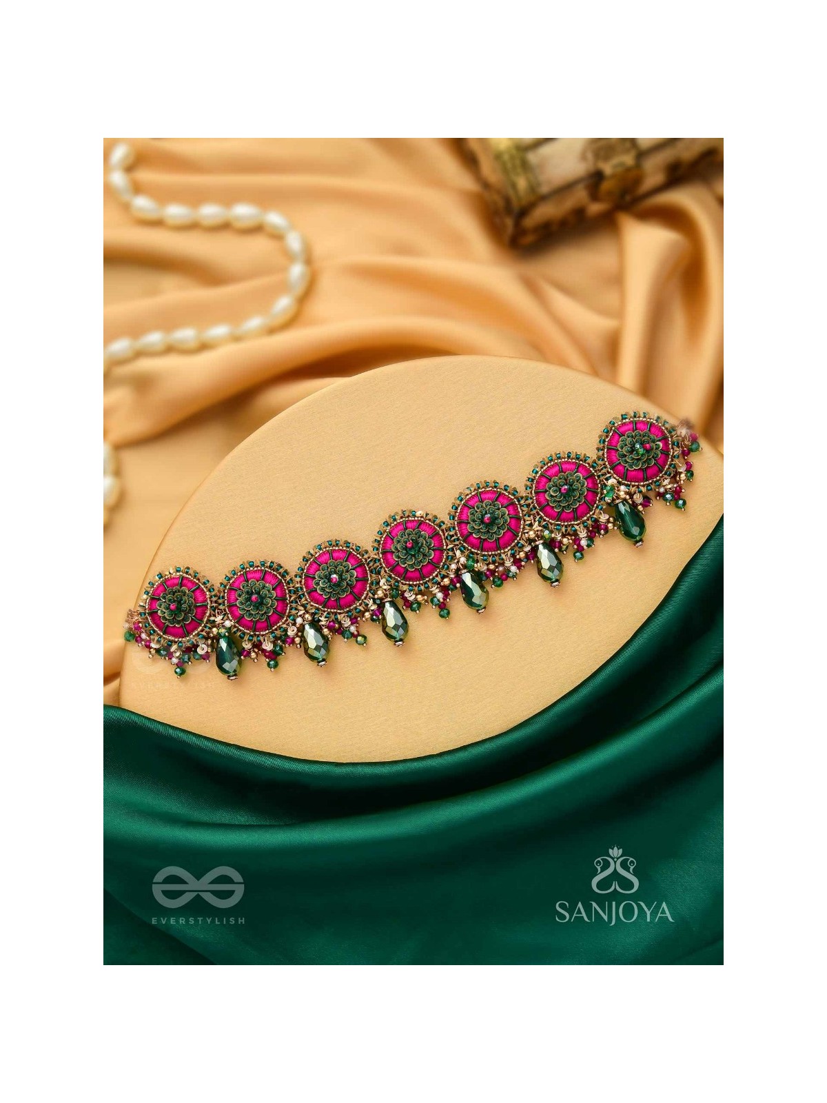 Sankirnau - The Floral Vine - Resham, Beads, Sequins And Glass Drops Hand Embroidered Choker Neckpiece