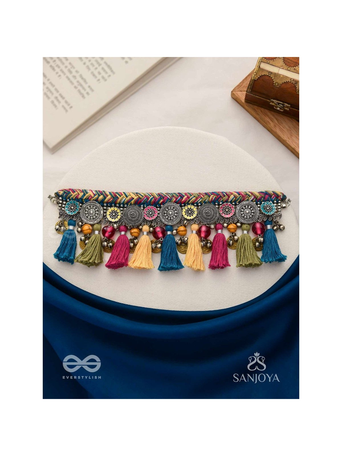 Akalka - The Moonlit Fur - Resham, Beads And Coins Hand Embroidered Oxidised Choker Neckpiece