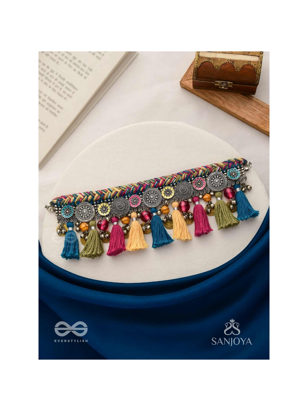 Akalka - The Moonlit Fur - Resham, Beads And Coins Hand Embroidered Oxidised Choker Neckpiece