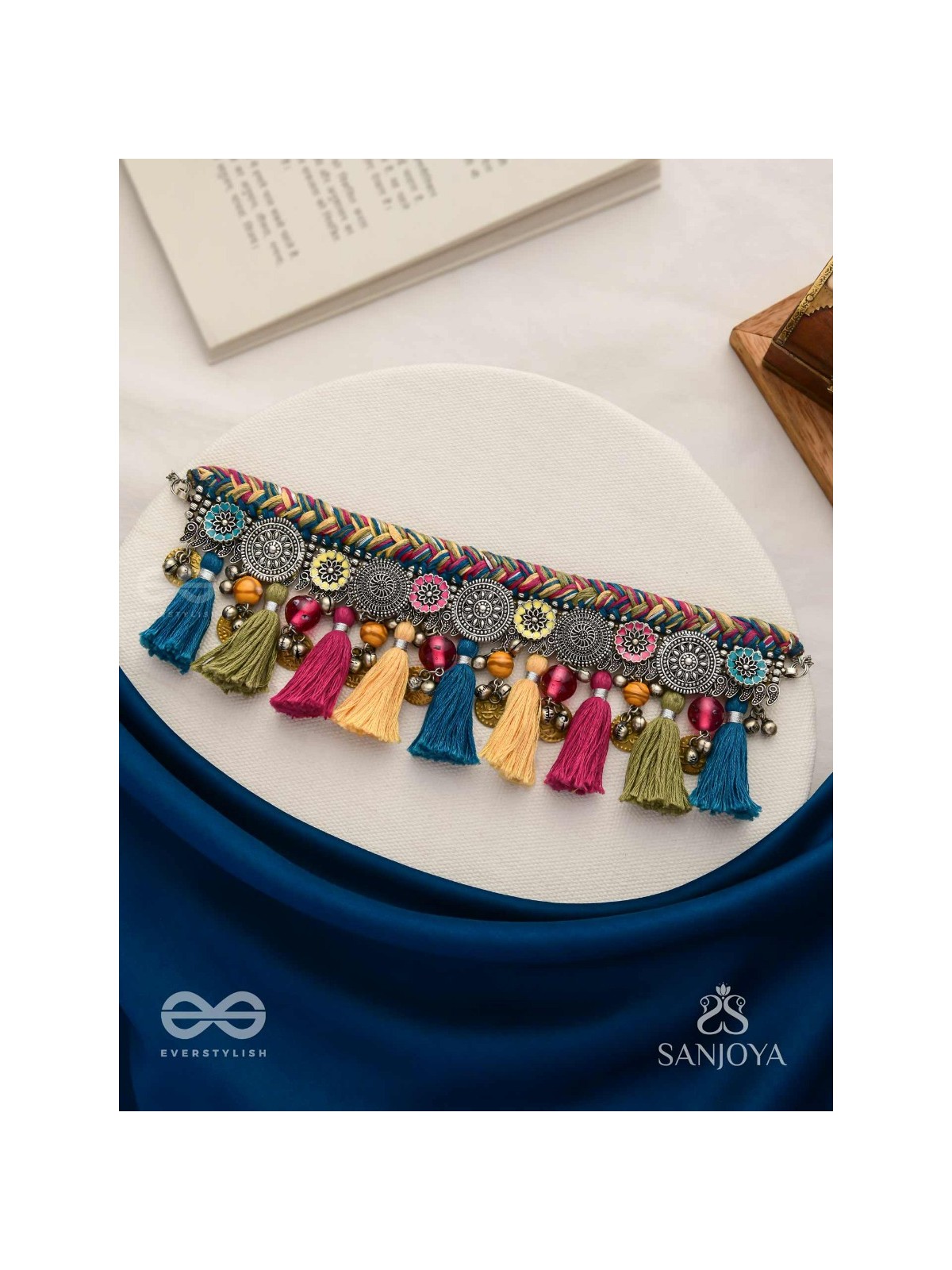 Akalka - The Moonlit Fur - Resham, Beads And Coins Hand Embroidered Oxidised Choker Neckpiece