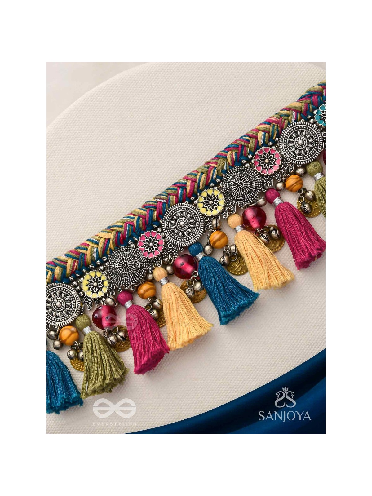 Akalka - The Moonlit Fur - Resham, Beads And Coins Hand Embroidered Oxidised Choker Neckpiece