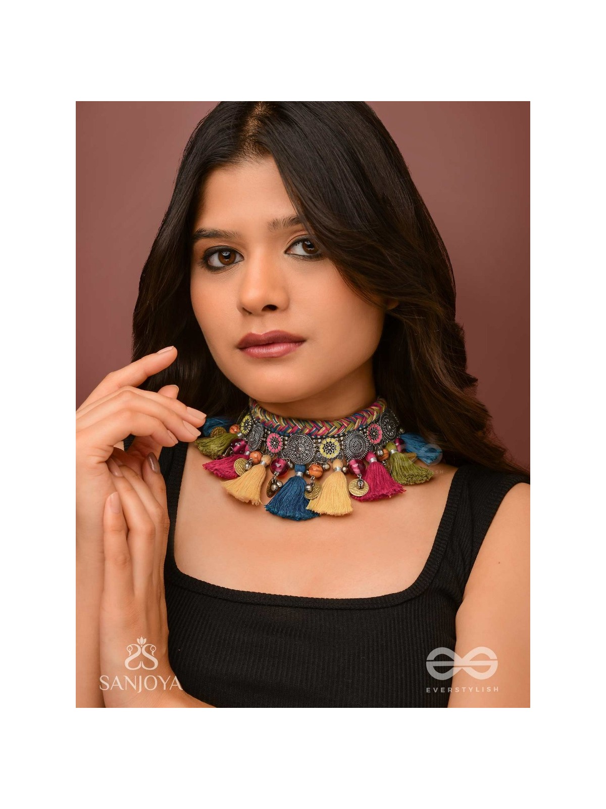 Akalka - The Moonlit Fur - Resham, Beads And Coins Hand Embroidered Oxidised Choker Neckpiece