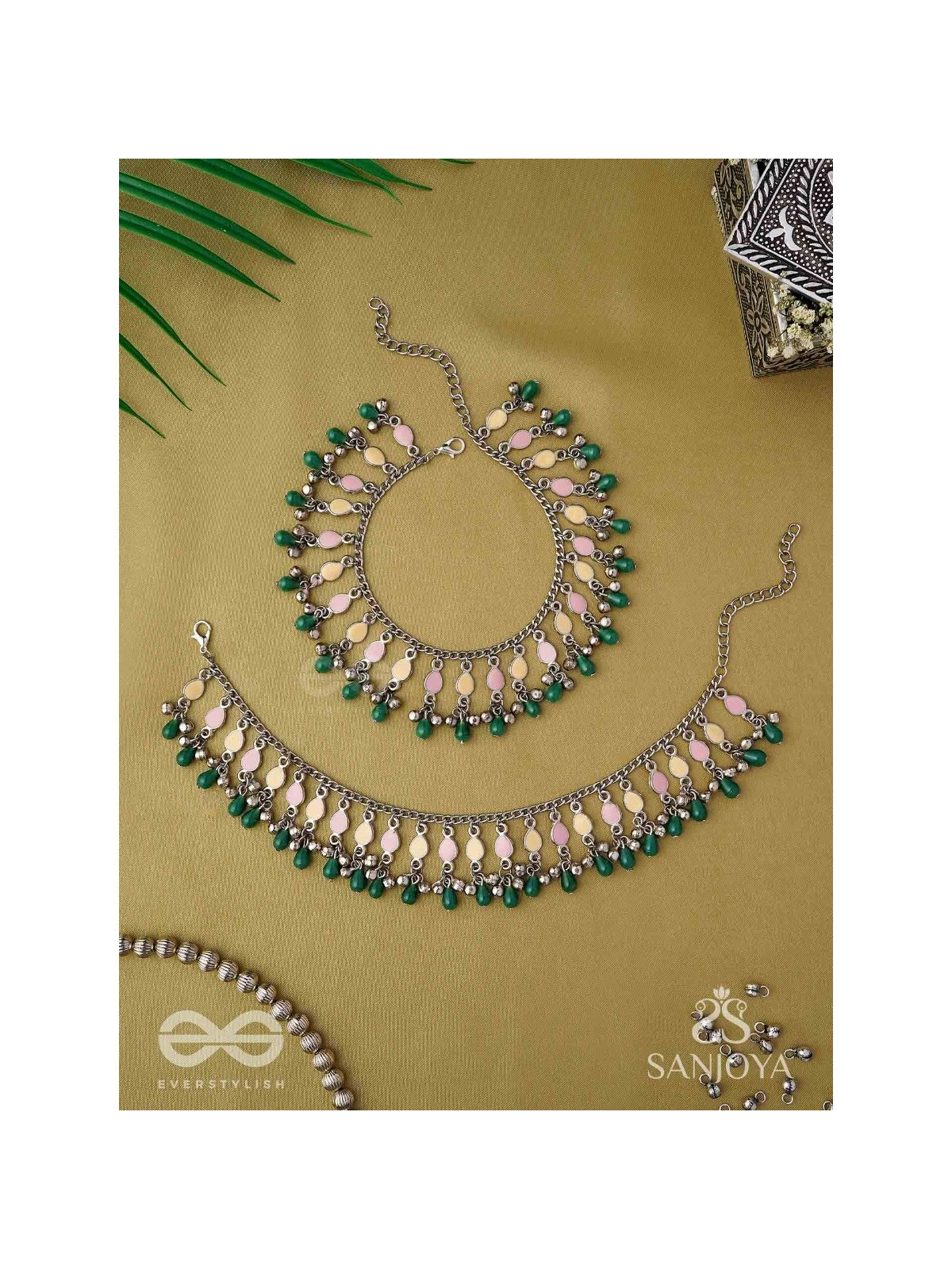 Kadkani - The Pastel Bells - Enamelled Oxidised Anklets (Set Of 2)