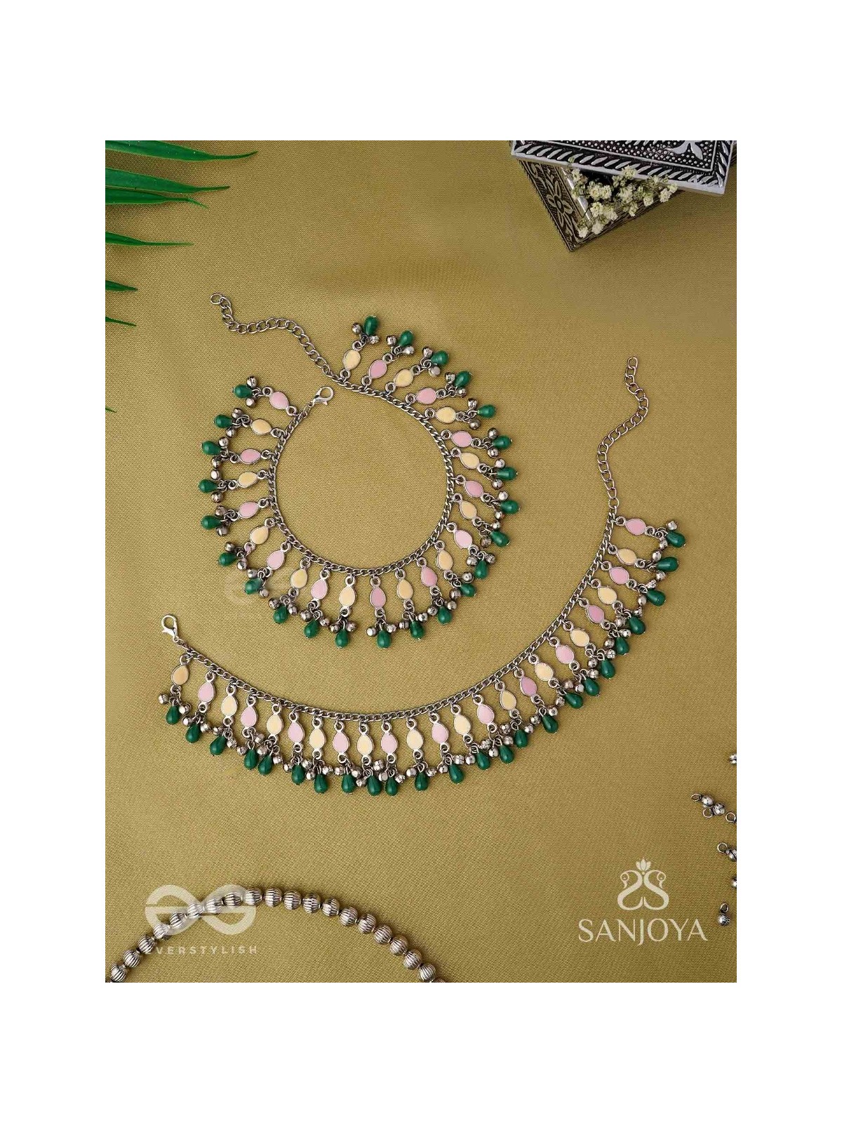 Kadkani - The Pastel Bells - Enamelled Oxidised Anklets (Set Of 2)