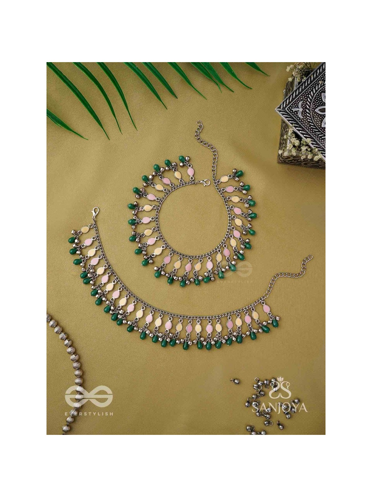 Kadkani - The Pastel Bells - Enamelled Oxidised Anklets (Set Of 2)