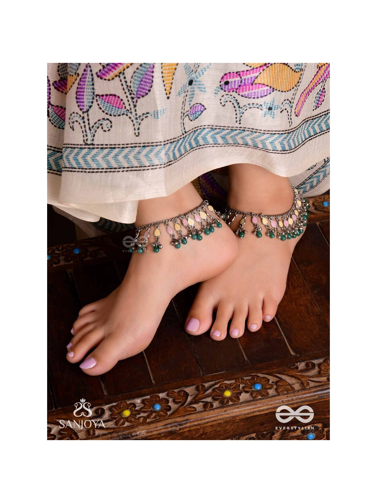 Kadkani - The Pastel Bells - Enamelled Oxidised Anklets (Set Of 2)
