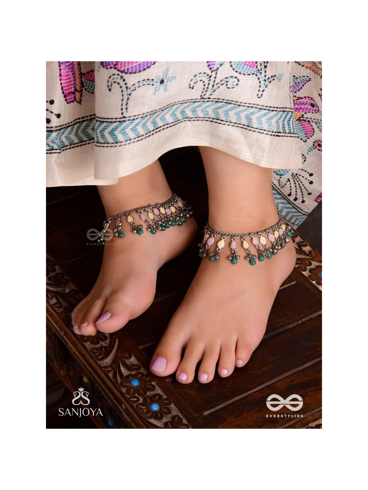 Kadkani - The Pastel Bells - Enamelled Oxidised Anklets (Set Of 2)