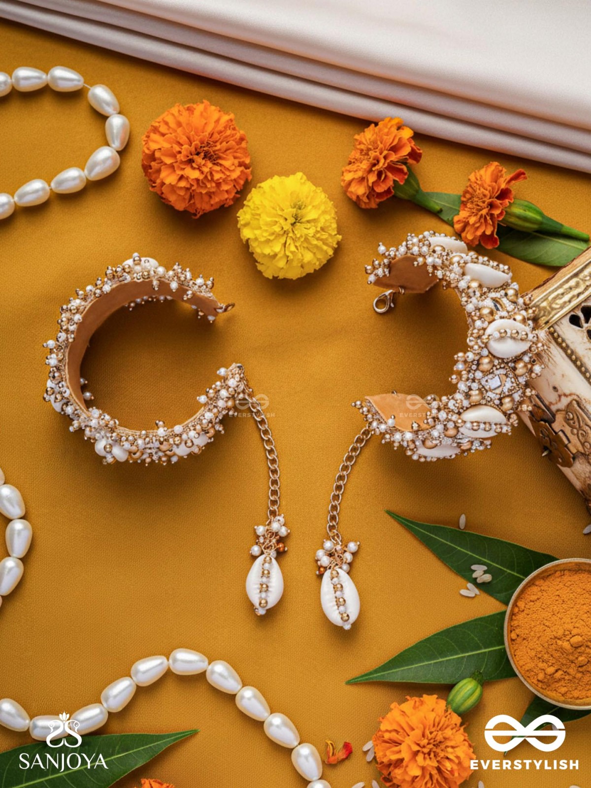 Prachurya - The Marine Abundance - Shells, Mirrors And Beads Hand Embroidered Cuff Bracelets (Set Of 2)