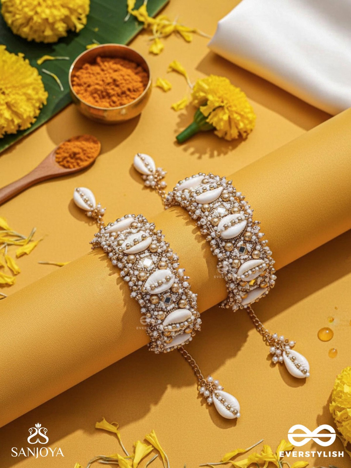 Prachurya - The Marine Abundance - Shells, Mirrors And Beads Hand Embroidered Cuff Bracelets (Set Of 2)