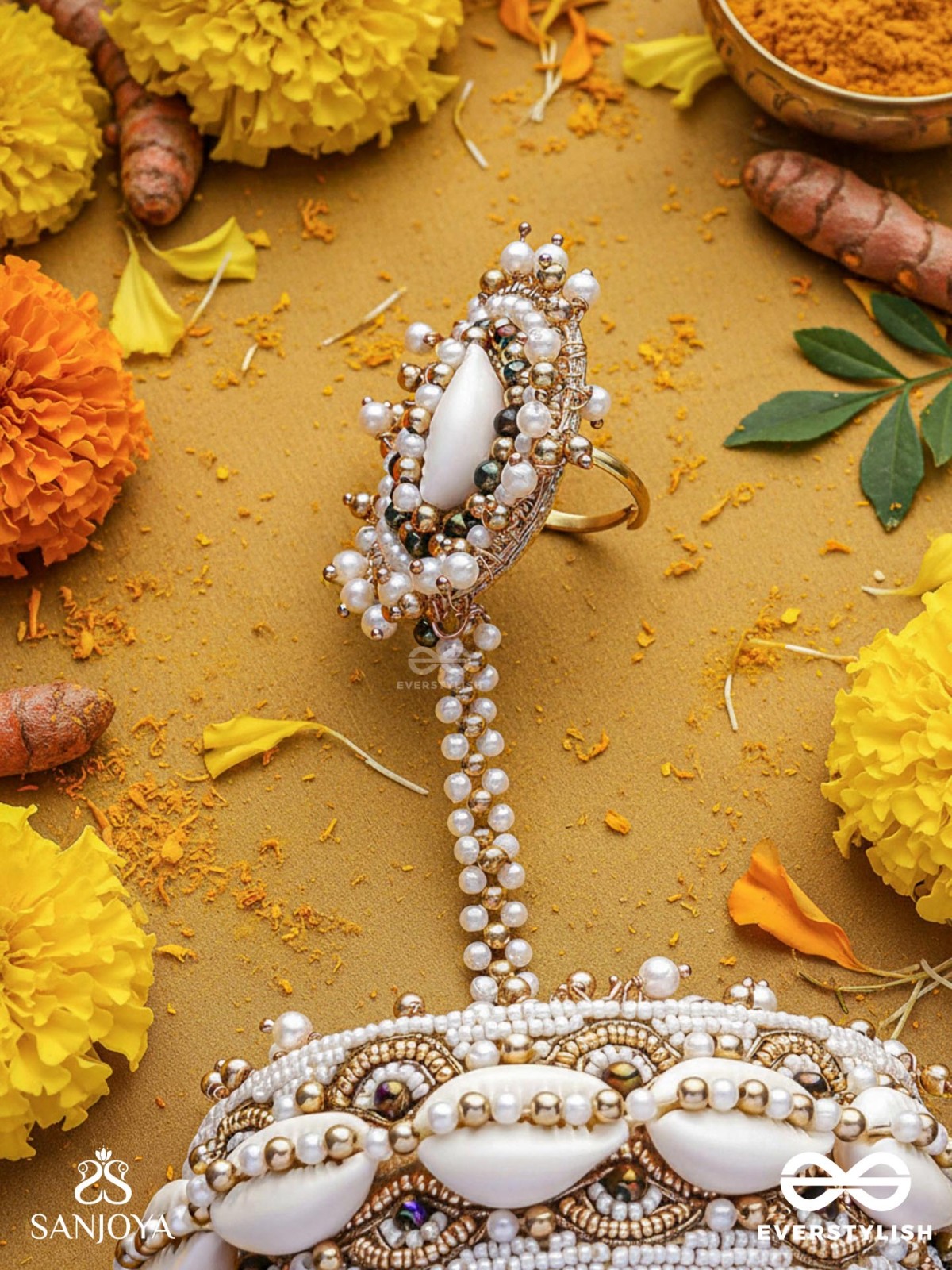 Vivriddhi - The Stream Of Prosperity - Shells, Beads, Glass And Pearl Drops Hand Embroidered Haathphool 