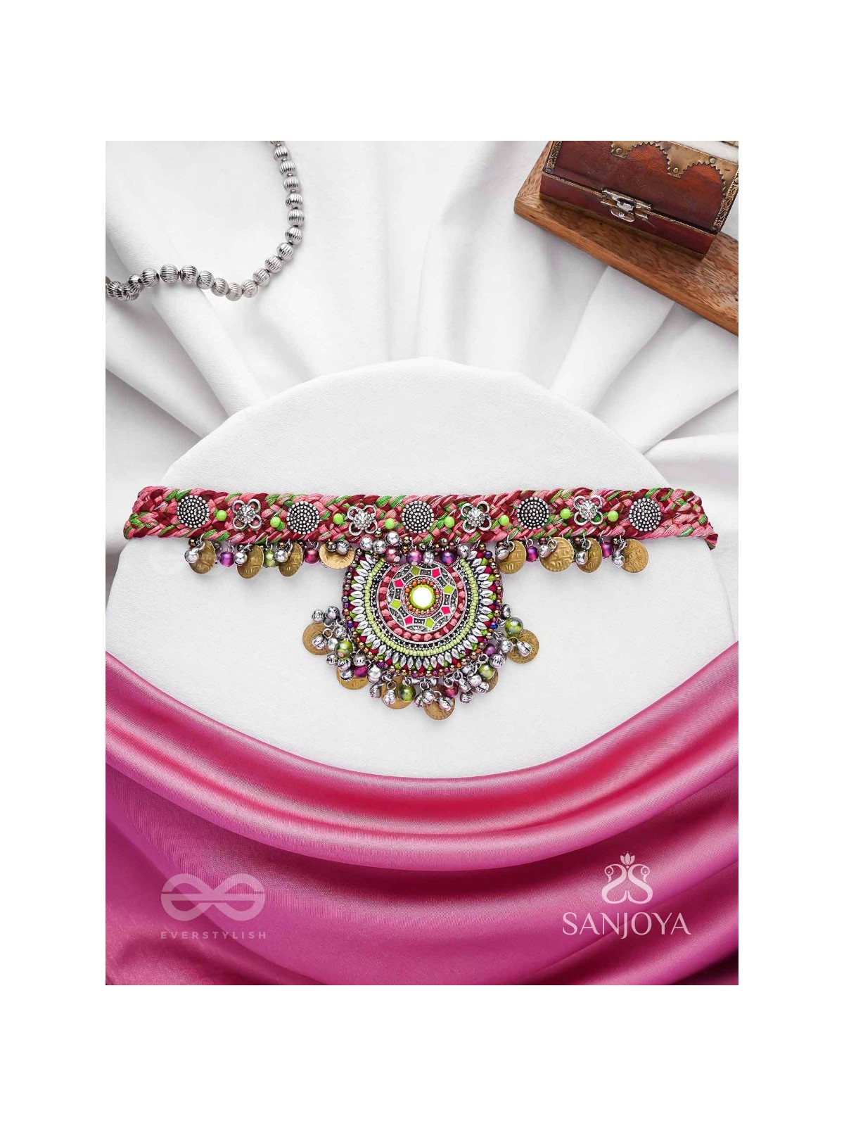 Mrigarsukt - The Hymns Of Flowers  - Resham, Coins And Beads Hand Embroidered Oxidised Choker Neckpiece