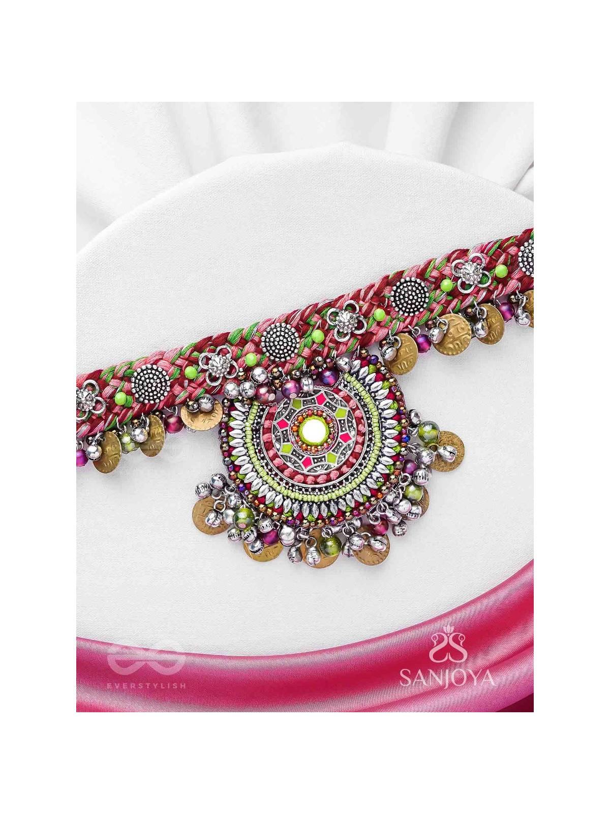 Mrigarsukt - The Hymns Of Flowers  - Resham, Coins And Beads Hand Embroidered Oxidised Choker Neckpiece