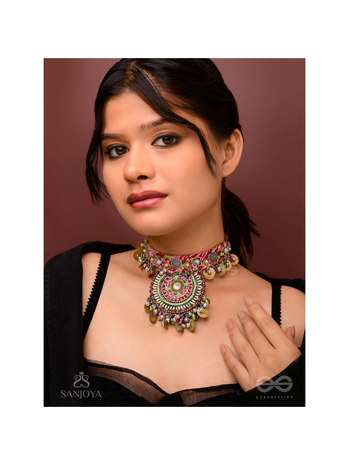 Mrigarsukt - The Hymns Of Flowers  - Resham, Coins And Beads Hand Embroidered Oxidised Choker Neckpiece