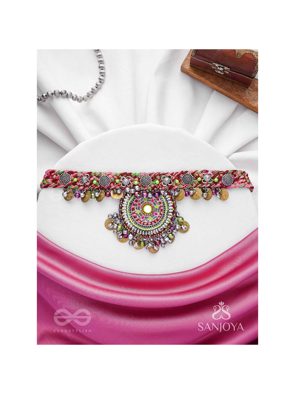 Mrigarsukt - The Hymns Of Flowers  - Resham, Coins And Beads Hand Embroidered Oxidised Choker Neckpiece