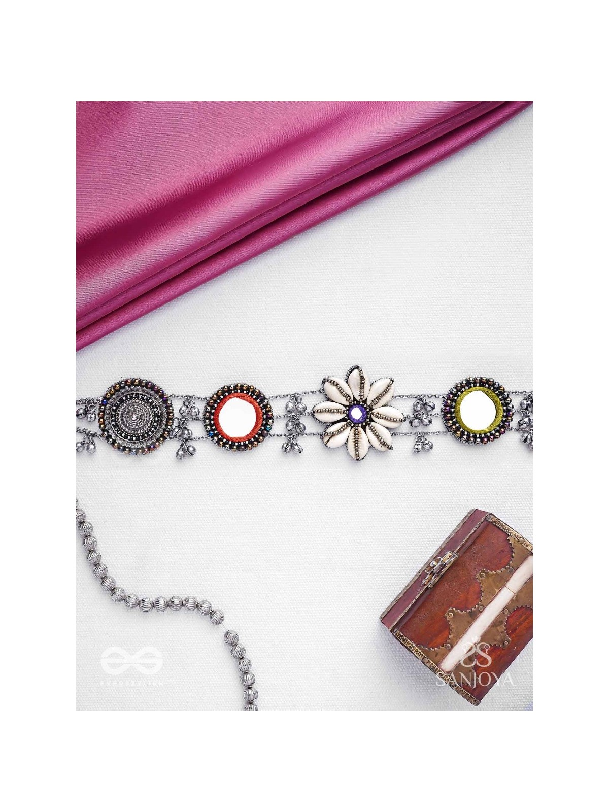 Pratibimban - The Spherical Reflection - Shells, Mirrors, Resham And Beads Hand Embroidered Oxidised Kamarbandh