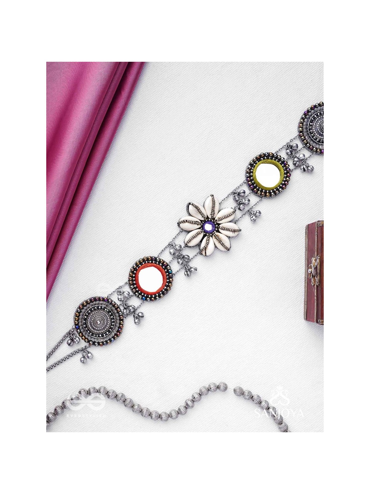 Pratibimban - The Spherical Reflection - Shells, Mirrors, Resham And Beads Hand Embroidered Oxidised Kamarbandh