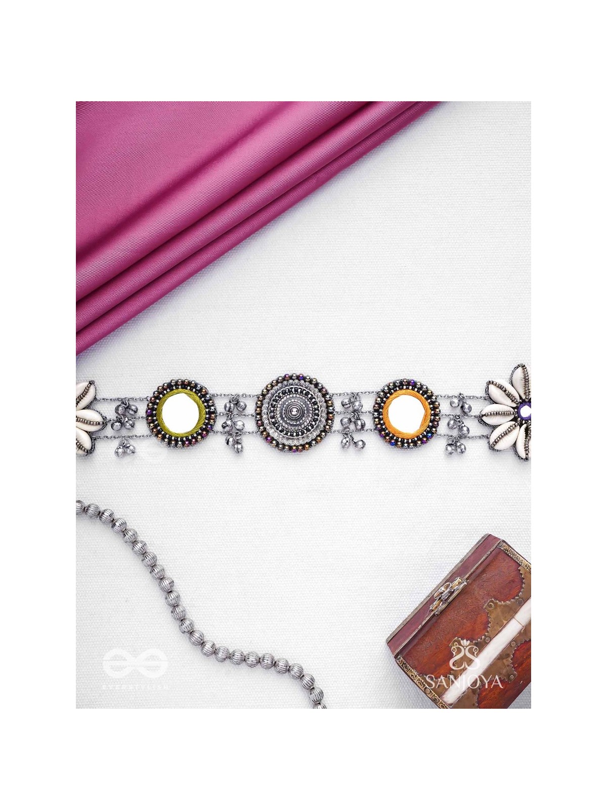 Pratibimban - The Spherical Reflection - Shells, Mirrors, Resham And Beads Hand Embroidered Oxidised Kamarbandh