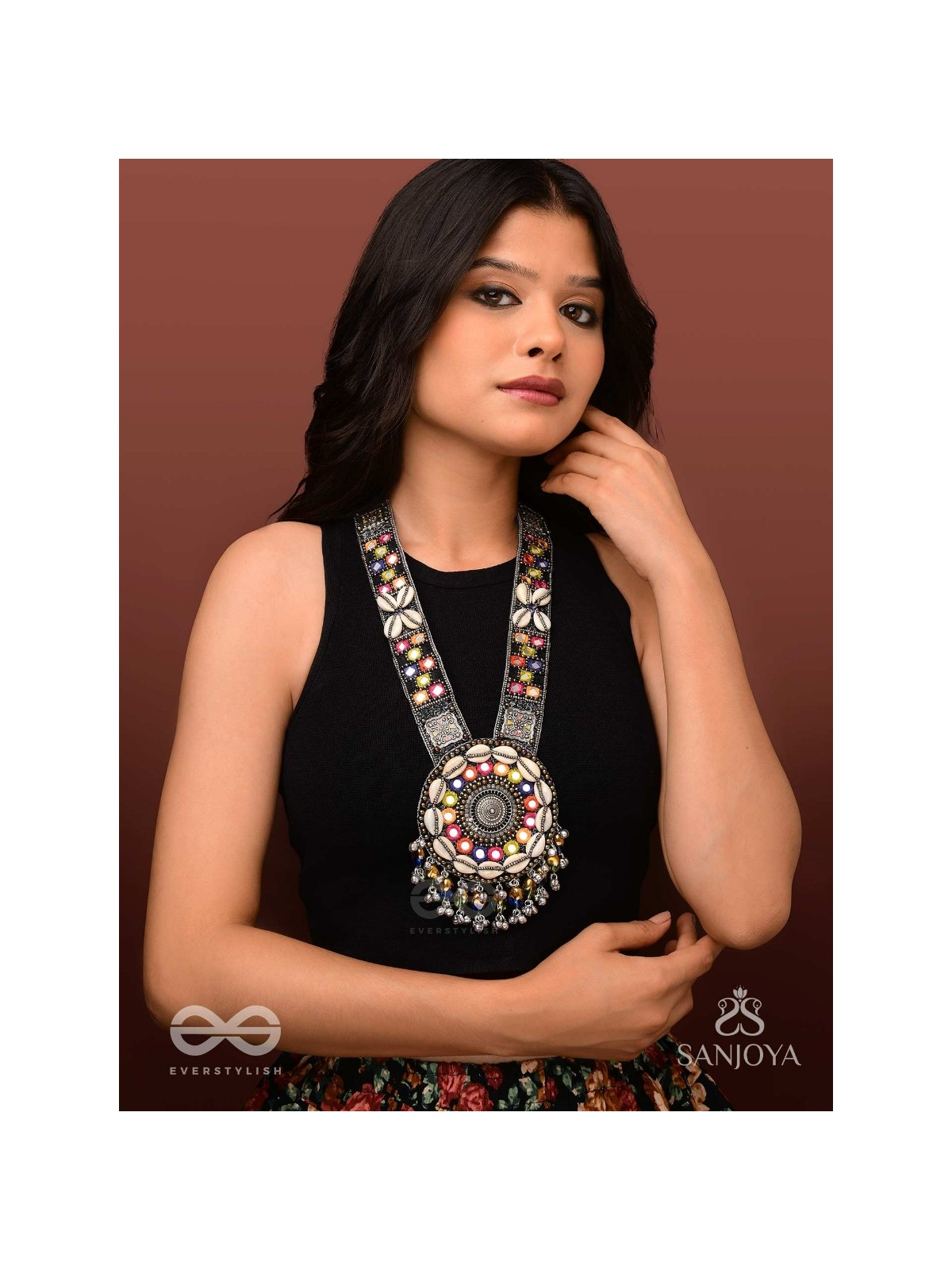 Sheetbhanviye - The Lunar Celebrations - Shells, Mirrors, Resham And Glass Drops Hand Embroidered Oxidised Neckpiece