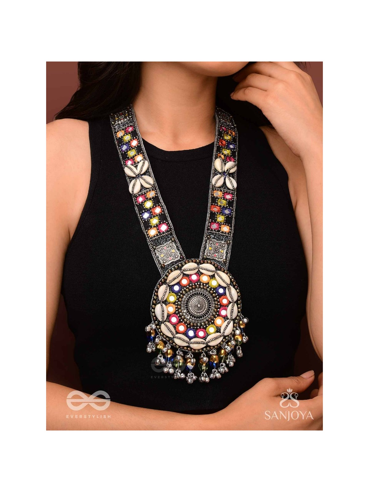 Sheetbhanviye - The Lunar Celebrations - Shells, Mirrors, Resham And Glass Drops Hand Embroidered Oxidised Neckpiece